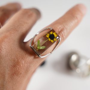 Captured Nature in Resin – Nature Ring Rectangle with Sunflower Adjustable Size
