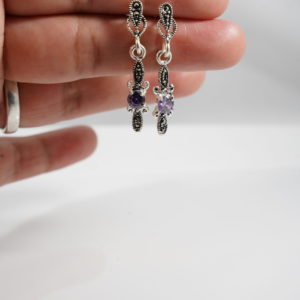 Marcasite Dangle Earrings Purple Stone