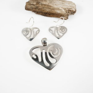 Jewelry Set Heart Shaped Sterling Silver Pendant and Earrings