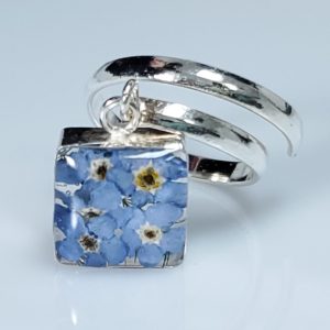 Square Adjustable Ring with Real Flowers Sterling Silver Ring