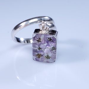 Rectangle Sterling Silver Adjustable Ring Real Purple Flowers