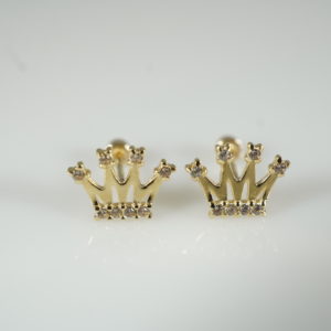 10k Solid Gold Stud Earrings, Princess Crown Cubic Zirconia, Screw Back