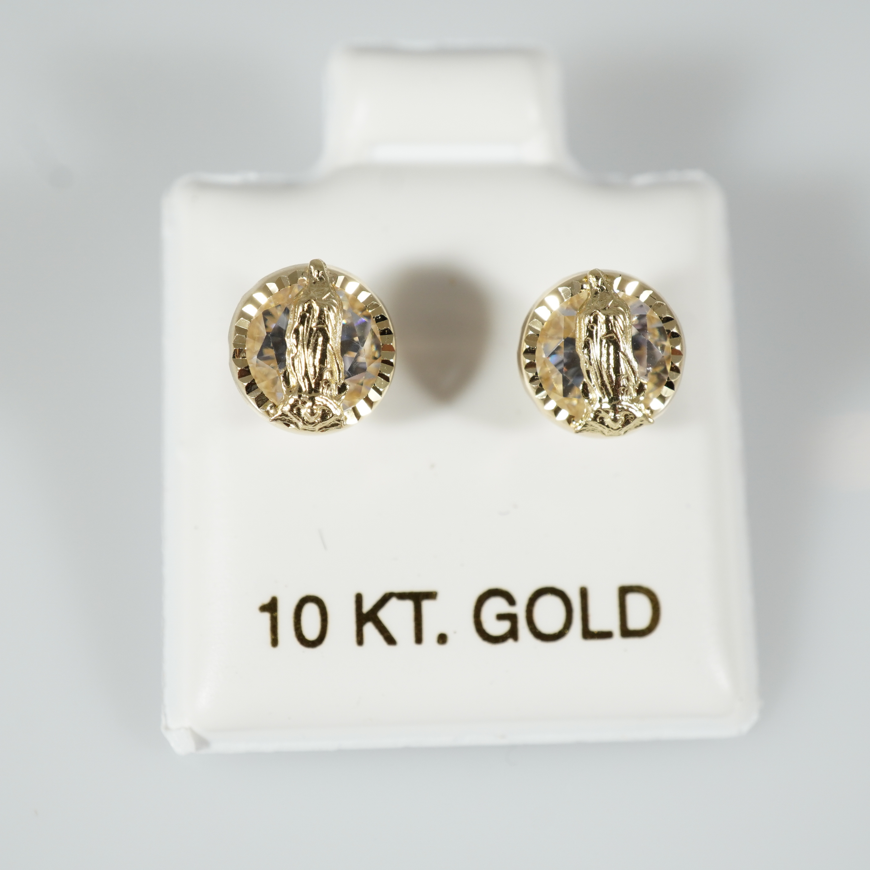 10k Solid Gold Virgin Mary Over Cubic Zirconia Stud Earrings, Screw Back