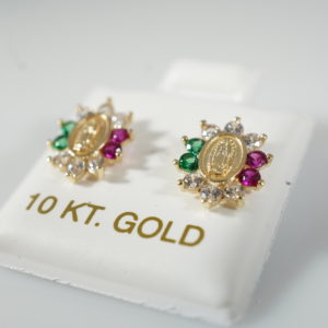 10k Solid Gold Virgin Mary Stud Earrings with Cubic Zirconia, Screw Back