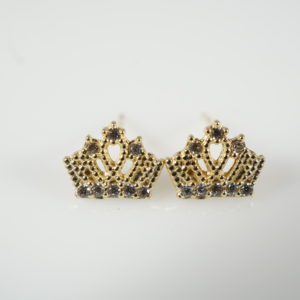 10k Solid Gold Crown Stud Earrings with Cubic Zirconia Stones, Screw Back