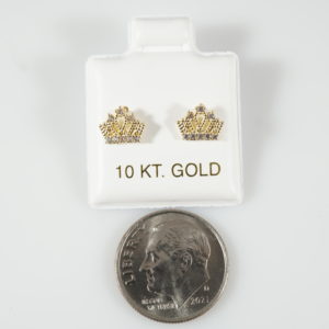 10k Solid Gold Crown Stud Earrings with Cubic Zirconia Stones, Screw Back