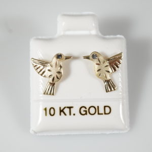 10k Solid Gold Hummingbird Cubic Zirconia Eyes, Screw Back