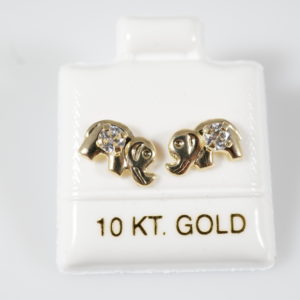 10k Solid Gold Elephant Stud Earrings with Cubic Zirconia Stone Center, Screw Back