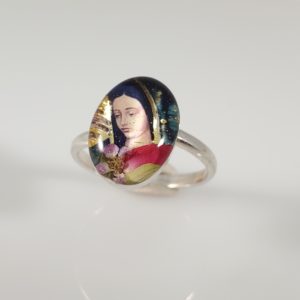Virgin Mary Adjustable Sterling Silver Ring with Assorted Dried Flowers