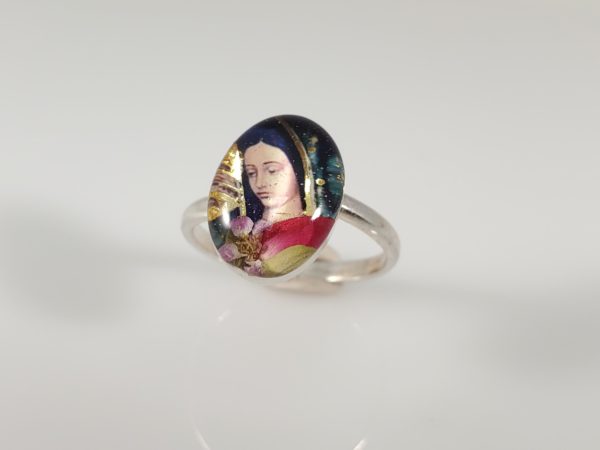 Virgin Mary Adjustable Sterling Silver Ring with Assorted Dried Flowers